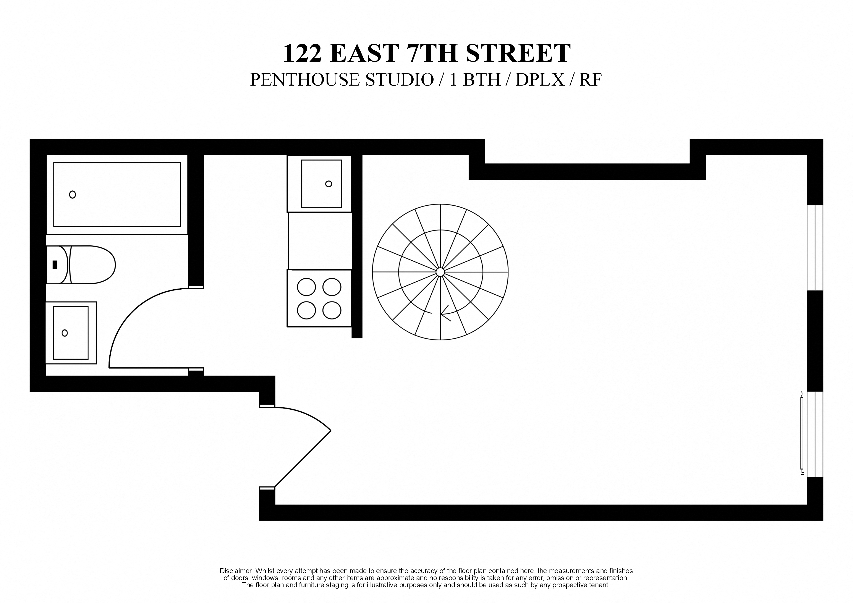 2D floor plan of penthouse studio at 122 East 7th Street New York with private roof deck